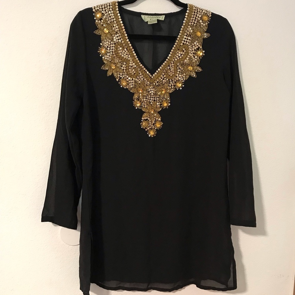 Sheer Black Swim Coverup Tunic with Gold Embellished V-Neck